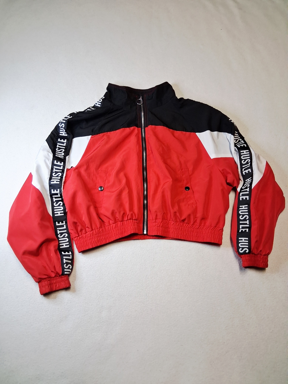 Ardene Red Black White Cropped Bomber Jacket